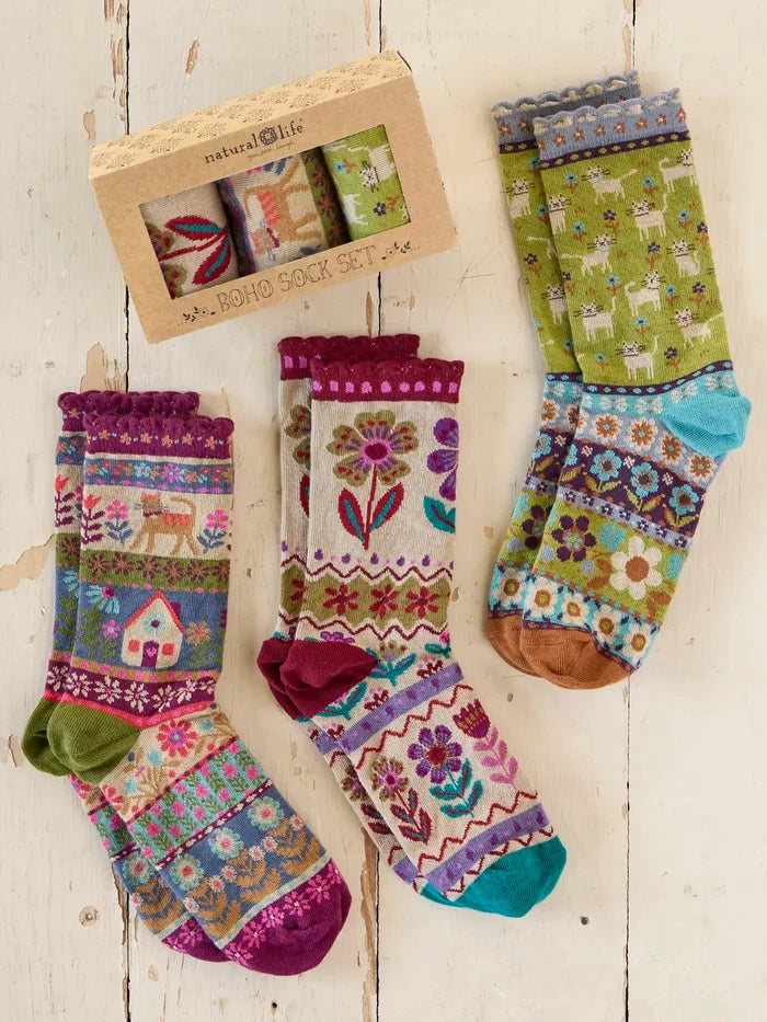 Boxed Boho Sock Set, Set of 3 - Cream Cat-view 2