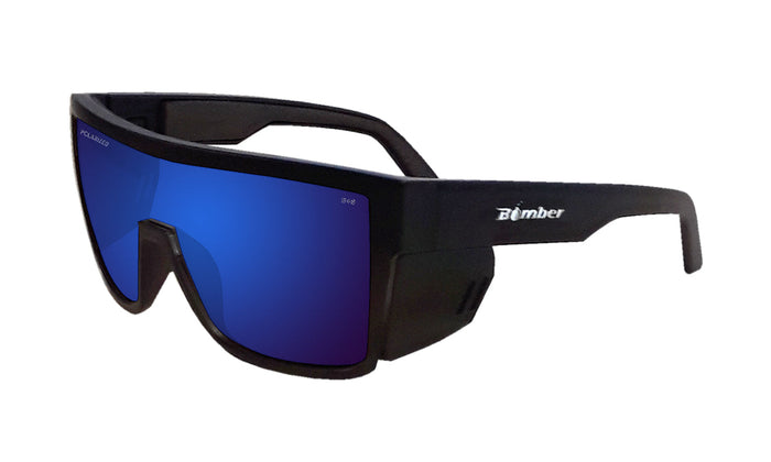 Side view of the Bomber Buzz Bomb Z87+ polarized safety sunglasses with blue mirror lens
