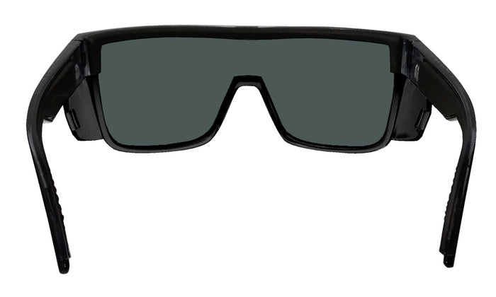 Back view of the blue mirror polarized Bomber Buzz Bomb safety sunglasses and temples