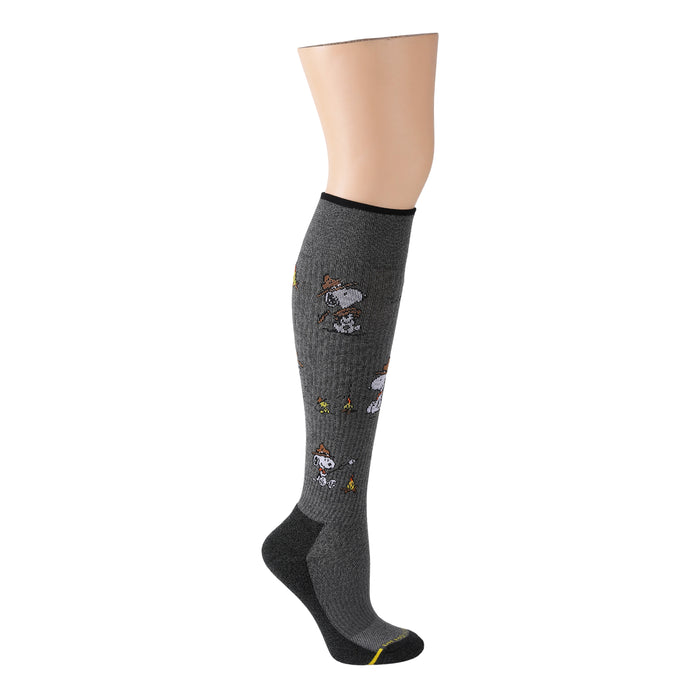 Light grey marl knee-high compression socks featuring Snoopy and the Beagle Scouts around a campfire.