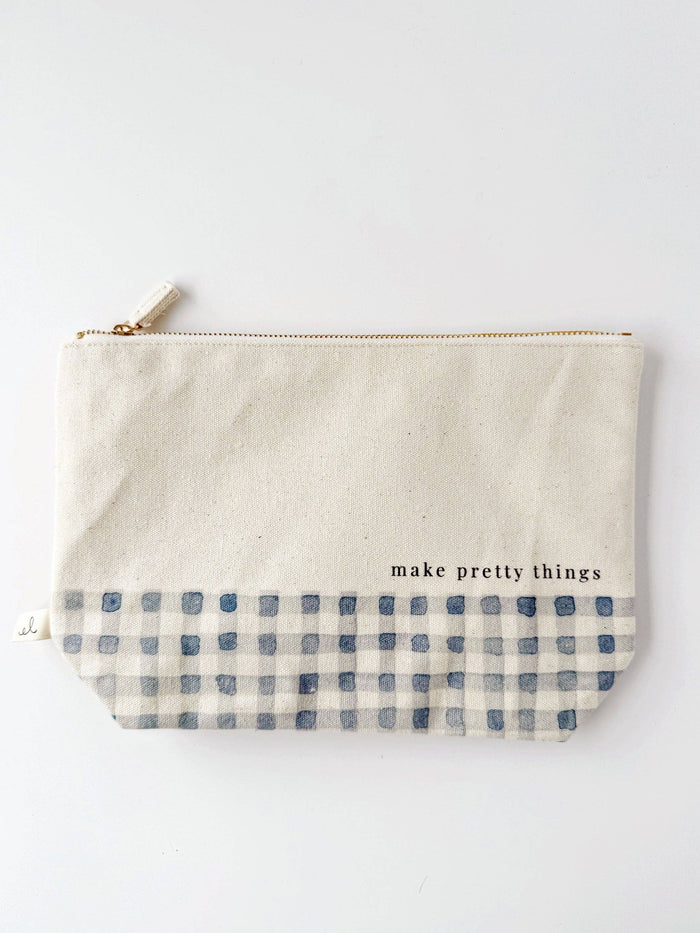 Canvas zipper pouch "make pretty things" gingham