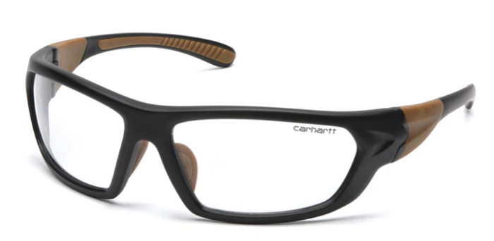 Pyramex Carbondale half frame safety glasses in black and tan with clear anti-fog lens