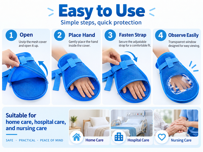 Children's protective care mitten step-by-step use guide with adjustable wrist strap