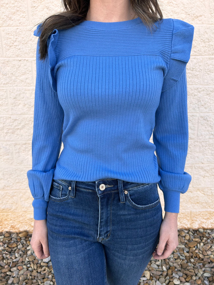 Cobalt Blue Shoulder Ruffle Crewneck Sweater