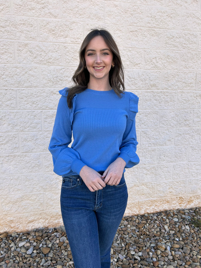 Cobalt Blue Shoulder Ruffle Crewneck Sweater