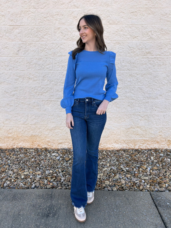 Cobalt Blue Shoulder Ruffle Crewneck Sweater