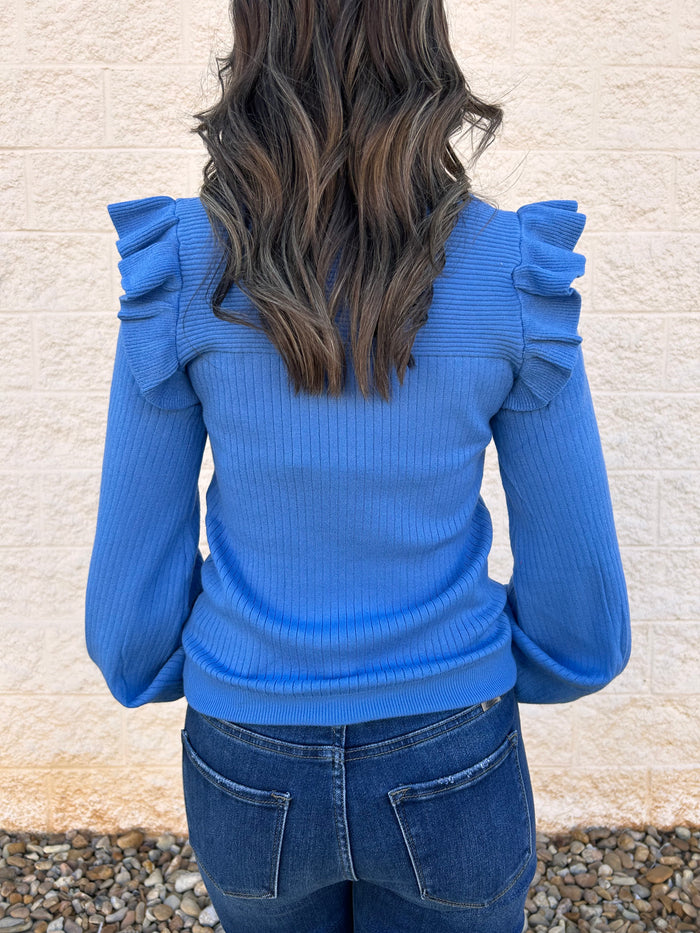 Cobalt Blue Shoulder Ruffle Crewneck Sweater