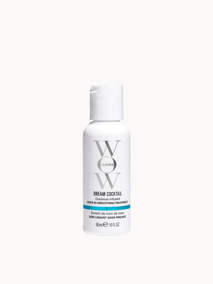 Color Wow Travel Dream Cocktail coconut-infused leave-in strengthening treatment in 50ml bottle for hair care.