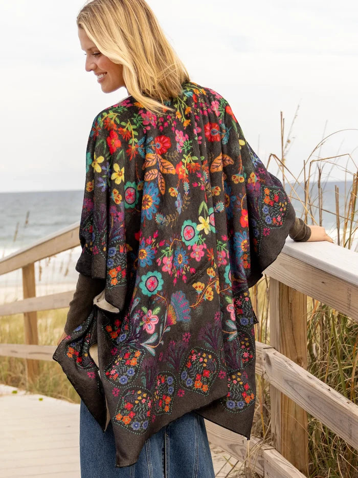 2-in-1 Cozy Shawl Scarf - Charcoal Folk Flower-view 1