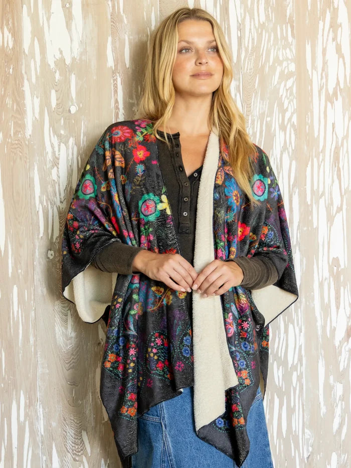 2-in-1 Cozy Shawl Scarf - Charcoal Folk Flower-view 2