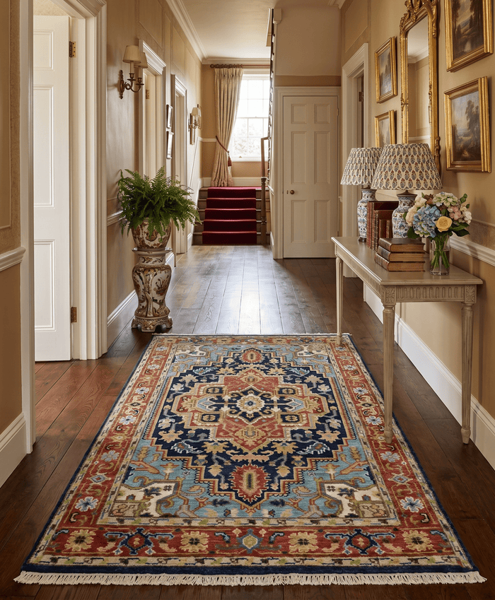 Custom Made Traditional Blue and Rust Hand Knotted Wool Area Rug - The Rug Decor