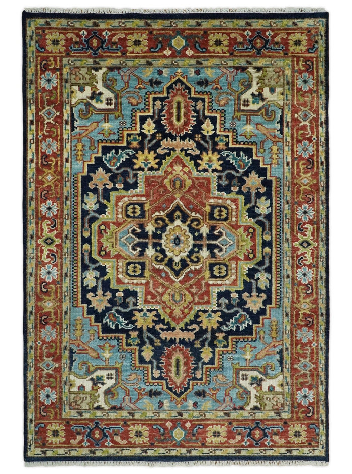 6x9 Blue and Rust Hand Knotted Wool Antique Vintage Persian Area Rug | TRDCP19269 - The Rug Decor
