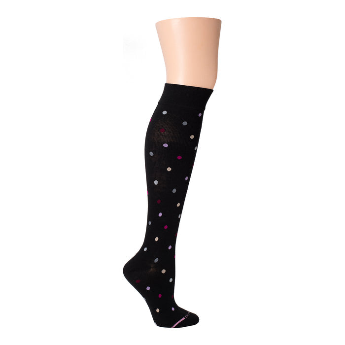 Knee-high black compression socks with colorful polka dots in various sizes.