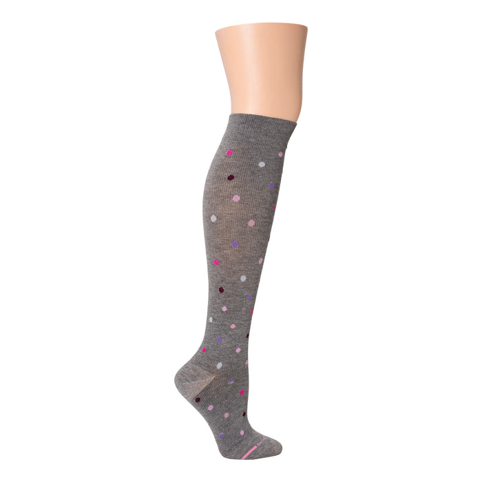 Knee-high compression socks in gray with colorful polka dots in pink, purple, and burgundy.