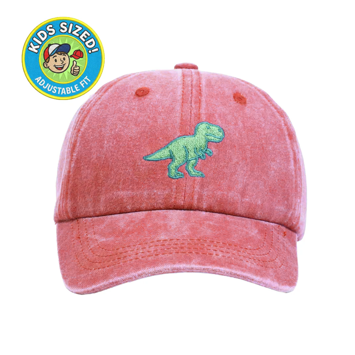 T-Rex Kid’s Hat – Red dyed embroidered dinosaur cap for kids with green T-Rex design. A fun, comfortable gift for young dinosaur lovers from Dad Brand.