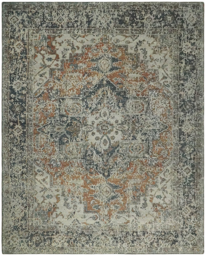 Modern Erased Heriz Hand Knotted 8x10 Rust and Silver Persian Area Rug | TRD2399 - The Rug Decor