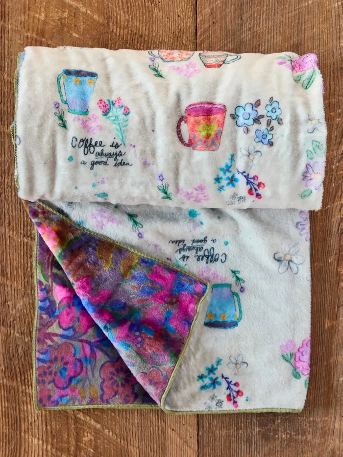 Double-Sided Cozy Throw Blanket - Border Folk Garden Coffee Cups-view 1
