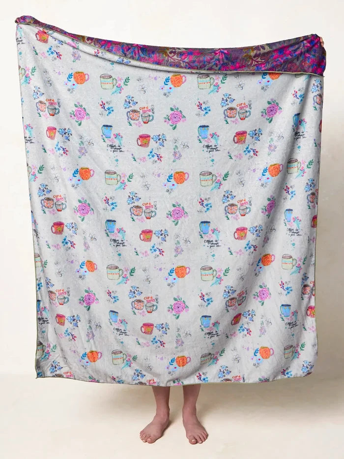 Double-Sided Cozy Throw Blanket - Border Folk Garden Coffee Cups-view 3