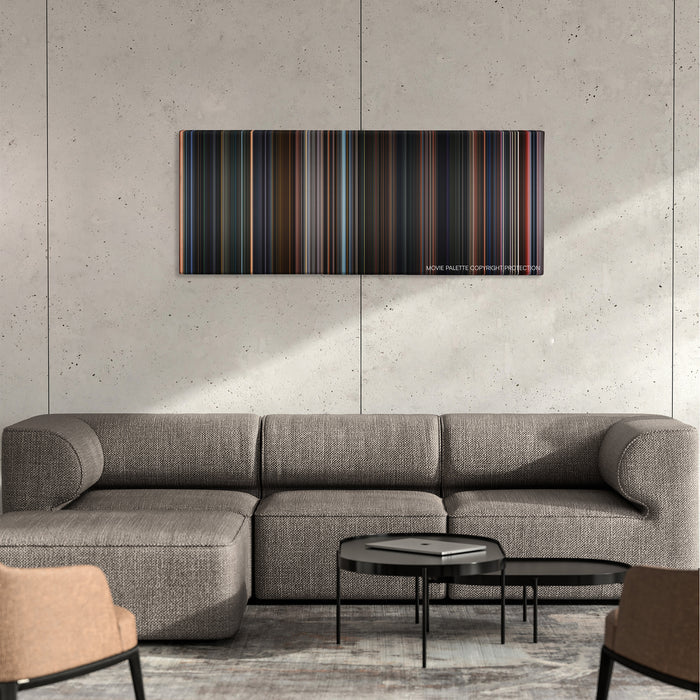Final Fantasy: The Spirits Within color palette canvas on a concrete wall above a gray sectional sofa