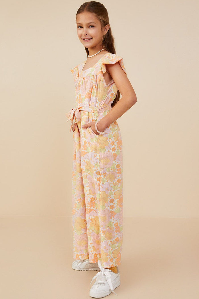 Girls Textured Floral Wide Leg Belted Jumpsuit