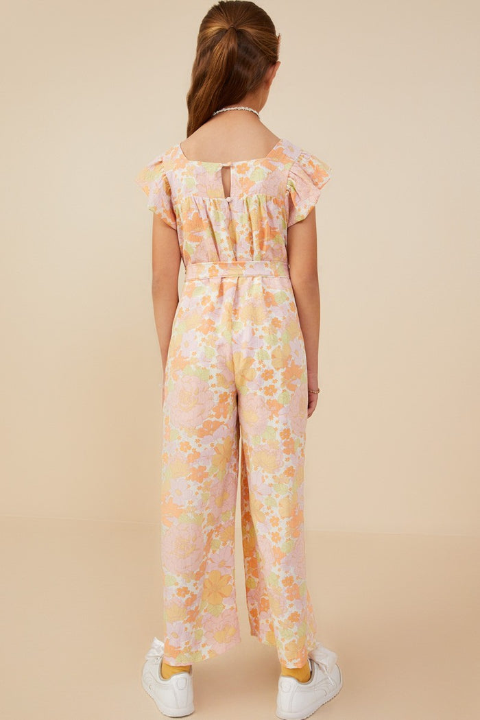 Girls Textured Floral Wide Leg Belted Jumpsuit