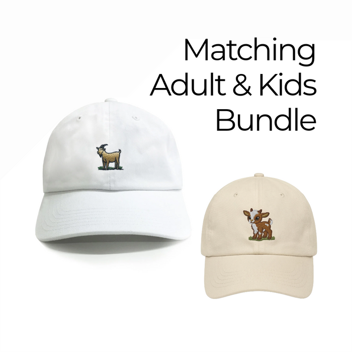 Matching GOAT dad hat and Baby Goat kids hat bundle by Dad Brand for parents and kids.