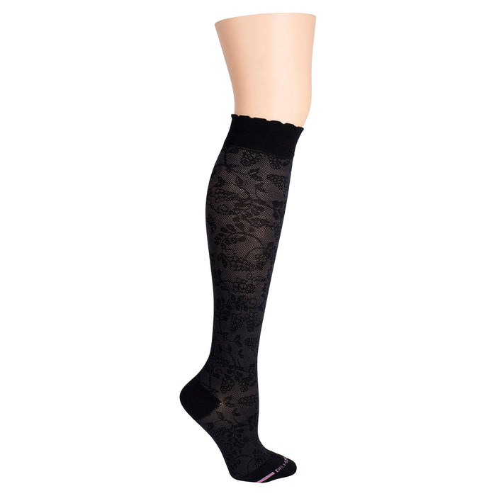 Knee-high black compression socks featuring a grape vine texture and a scalloped top.
