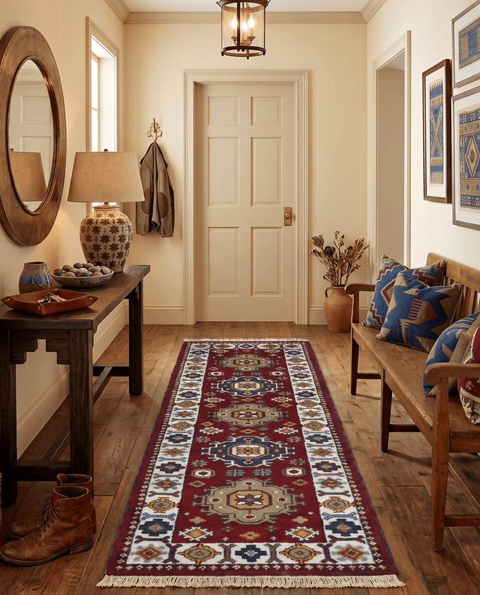 Hand Knotted 2.6x8 Traditional Kazak Red and Ivory Wool Rug - The Rug Decor