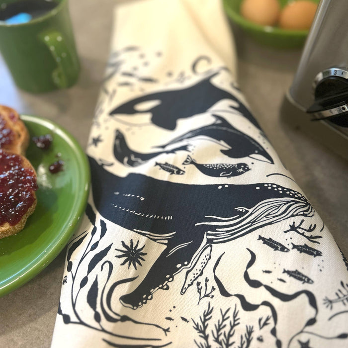 Hand-Printed Pacific Marine Life Dish Towel: 100% Cotton