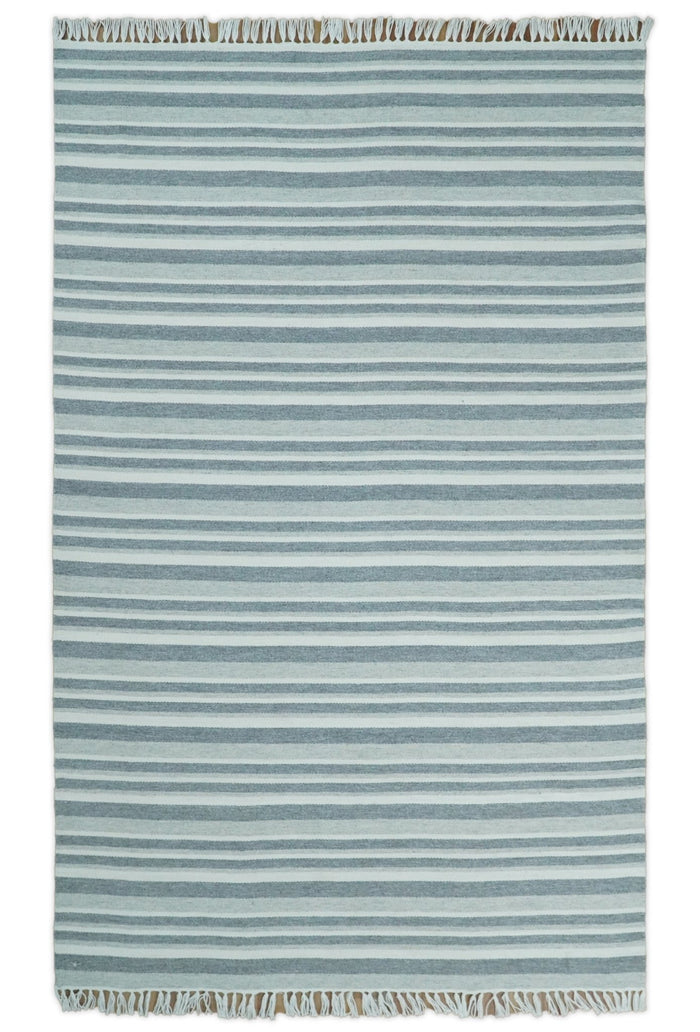 HANDMADE BOHO 5X8 AND 8X10 WHITE AND Gray WOOL BLEND DHURRIE RUG | VIK2 - The Rug Decor