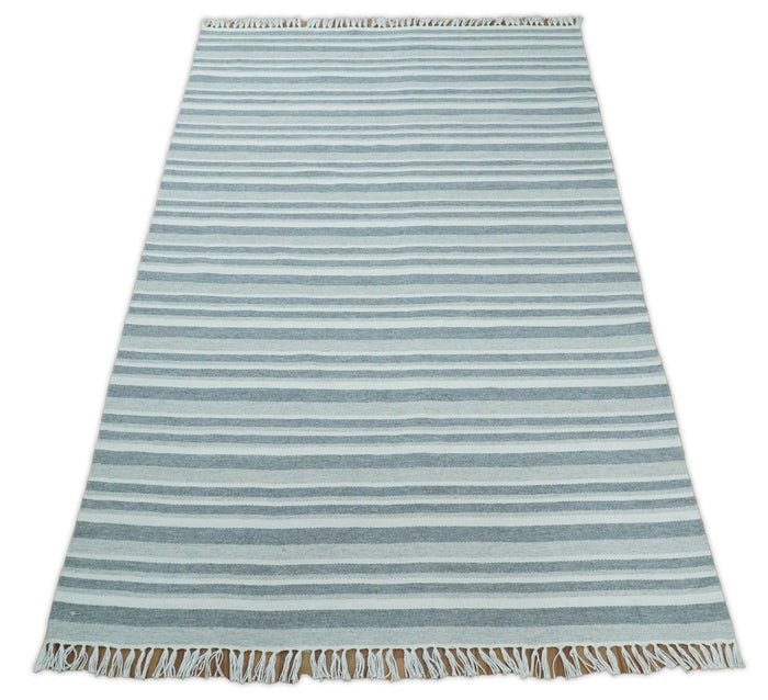 HANDMADE BOHO 5X8 AND 8X10 WHITE AND Gray WOOL BLEND DHURRIE RUG | VIK2 - The Rug Decor