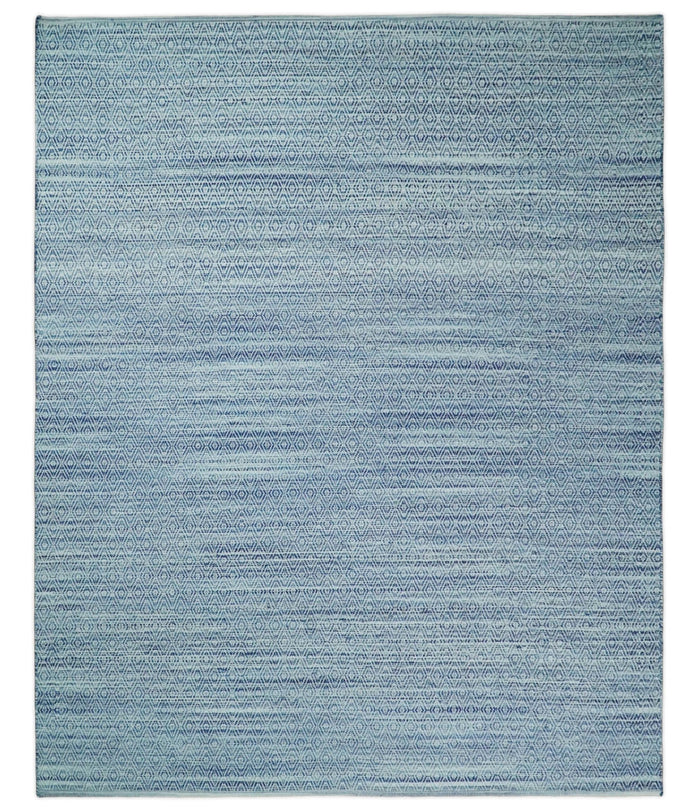 Handmade Boho 5x8 and 8x10 Ivory and Blue Wool Blend Dhurrie Rug | VIK3 - The Rug Decor
