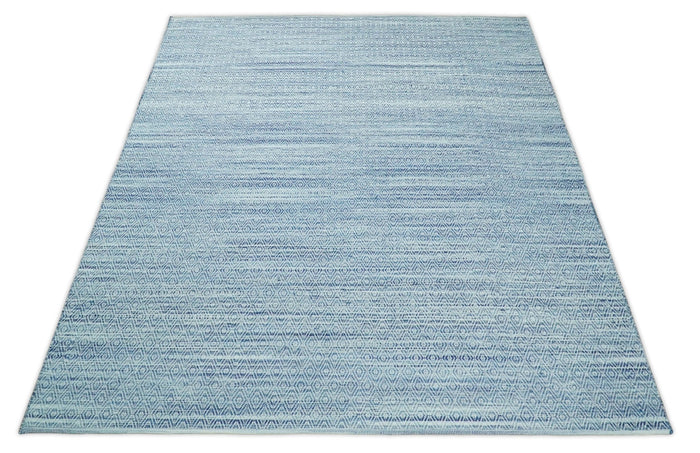 Handmade Boho 5x8 and 8x10 Ivory and Blue Wool Blend Dhurrie Rug | VIK3 - The Rug Decor