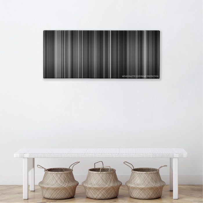 Hara-Kiri color palette canvas above a white bench with three woven baskets