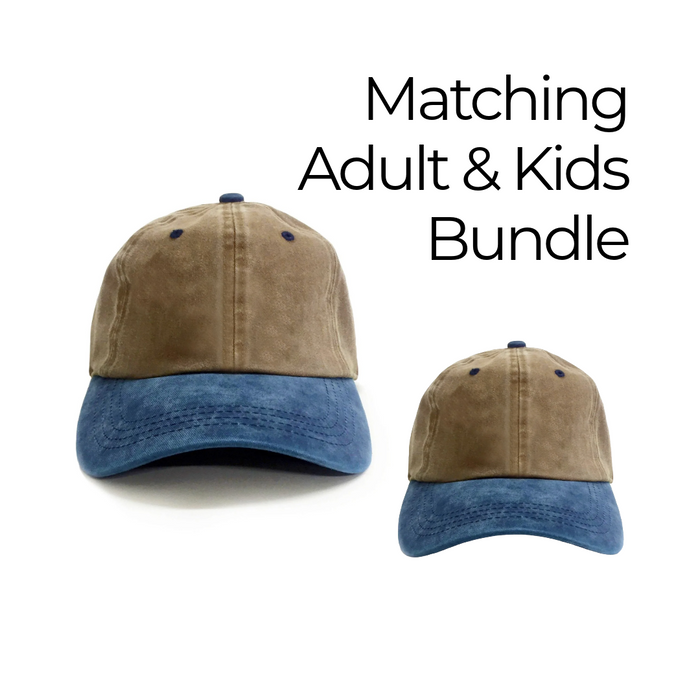 Matching Hat dad hat and Hat kids hat bundle with identical two-tone design for coordinated parent and child style.