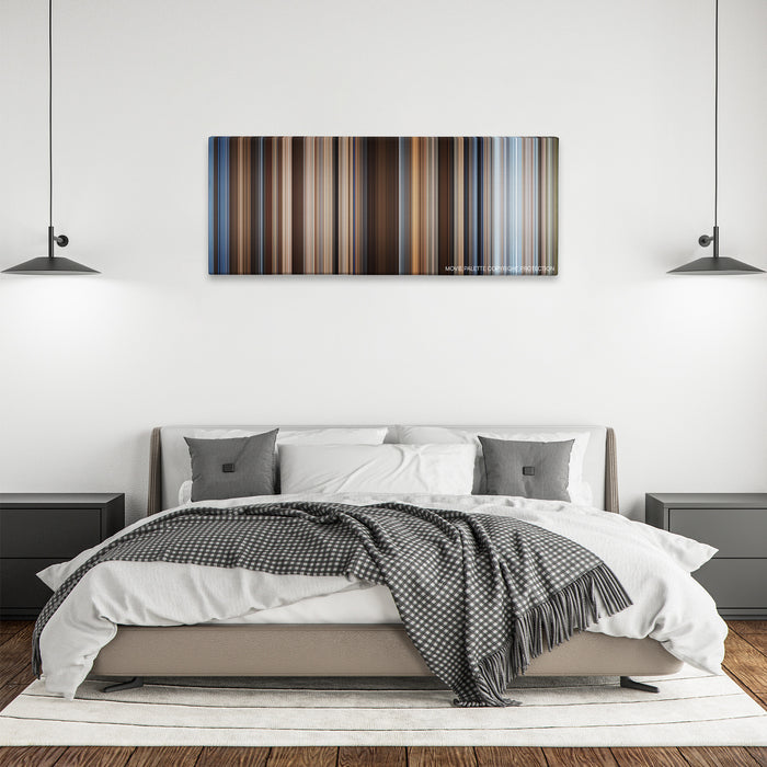 Hidalgo color palette canvas above a bed, between two black pendant lamps