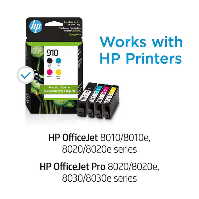 HP 910 Standard-Capacity Original Ink Cartridges, 4-Pack – Black/Cyan/Magenta/Yellow