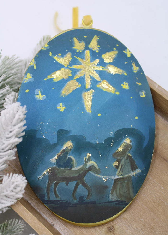Large Joseph & Mary Oval Metal Disc Ornament