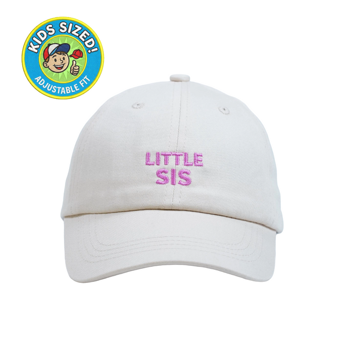 Little Sis Kid’s Hat – Light cream embroidered kids cap with “Little Sis” text. A cute sister keepsake gift from Dad Brand.