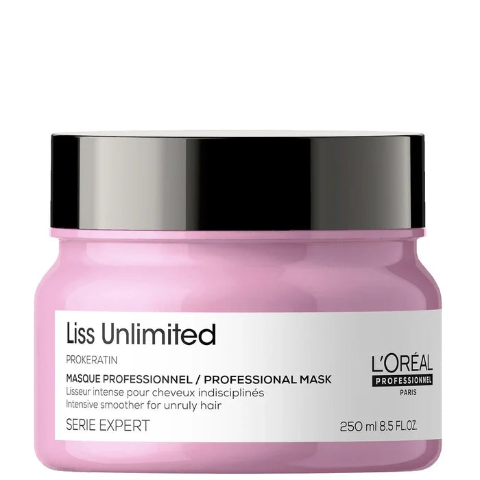 L'Oréal Professionnel Liss Unlimited hair mask in 250ml jar, smooths and nourishes frizzy hair with professional hair care.