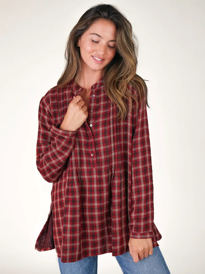 Lowen Cotton Tunic - Cranberry Tan Plaid-view 1