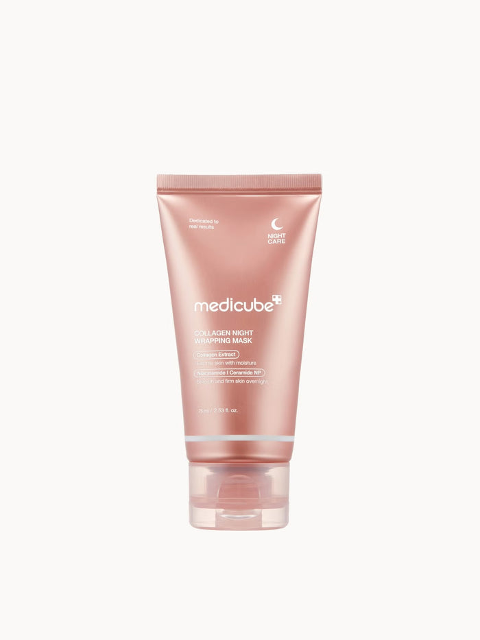 Medicube Collagen Night Wrapping Mask 75ml shown in a jar with a smooth, creamy texture, designed for skin hydration and rejuvenation.