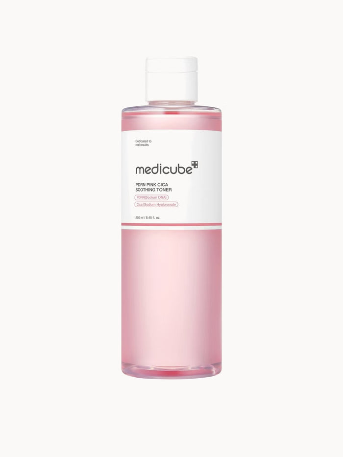 Medicube PDRN Pink Cica soothing facial toner in 250ml bottle, designed for calming and hydrating skin.