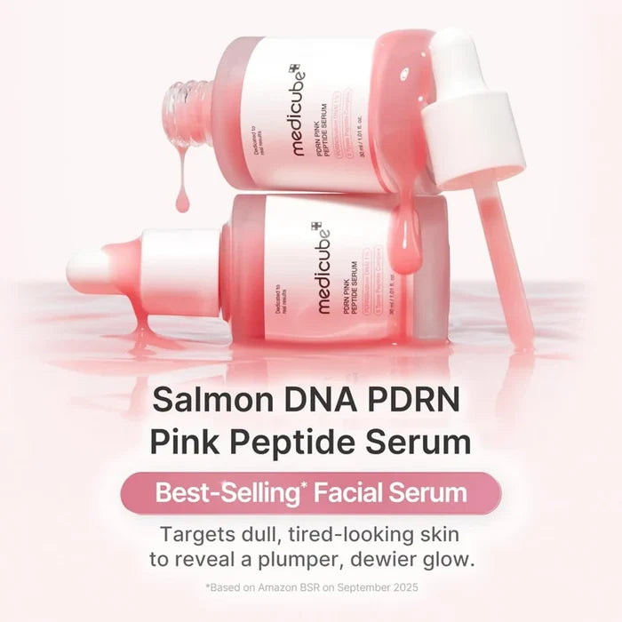 Medicube PDRN Pink Peptide Serum 30ml, a face serum with pink hue in a clear glass bottle showing the product label.