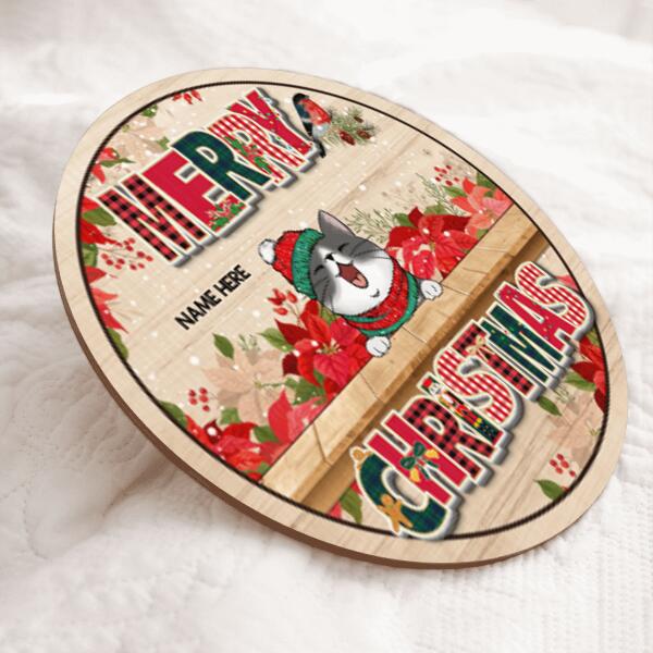 Merry Christmas, Flower Rustic Door Hanger, Personalized Cat Breeds Door Sign, Front Door Decor
