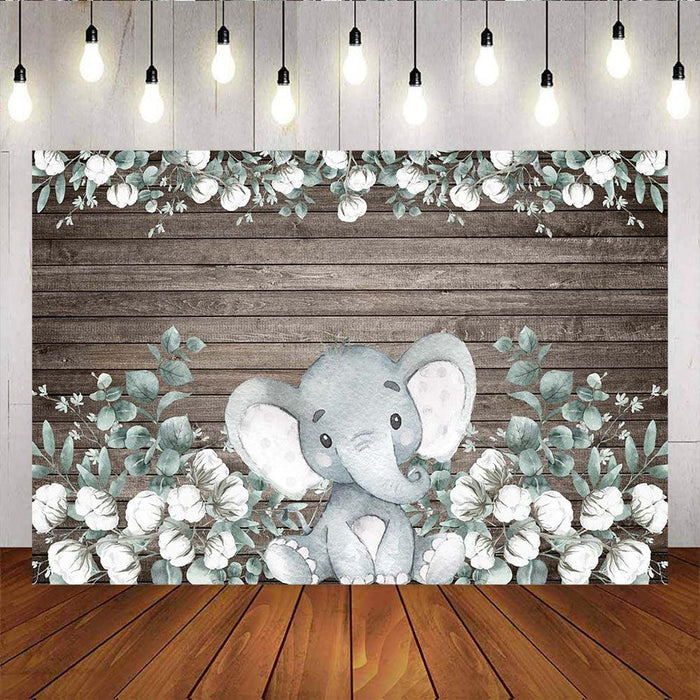 Mocsicka Elephant Baby Shower Backdrop Wooden and White Flowers Photo Back Drop