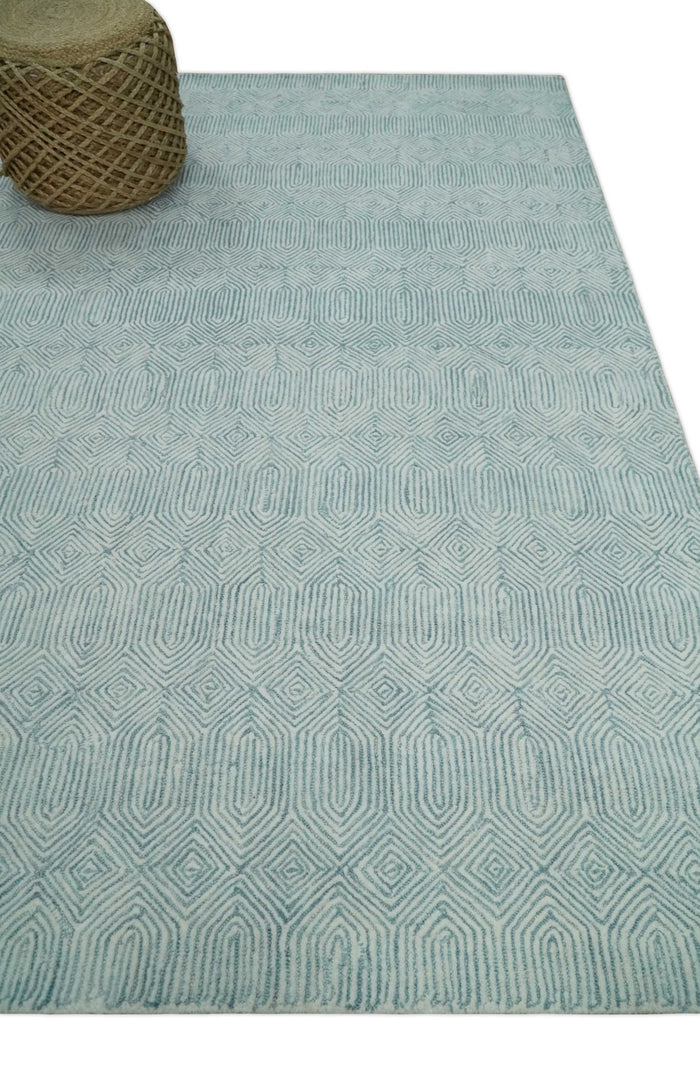 Hand Tufted 2x3, 2.6x8, 5x8, 6x9 and 8x10 Scandinavian Woolen Modern Ivory and Aqua Blue Area Rug | EVE003 - The Rug Decor