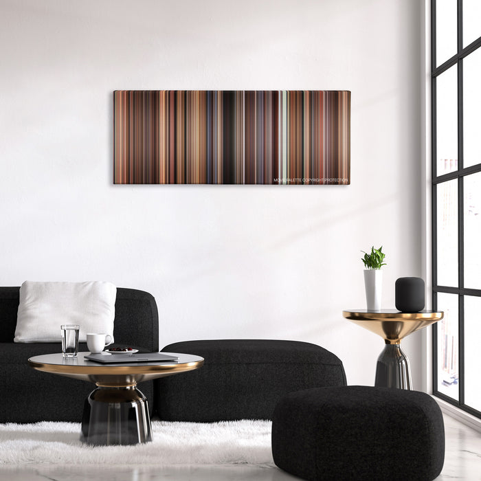 Mona Lisa Smile color palette canvas above a black sofa with a gold-topped table