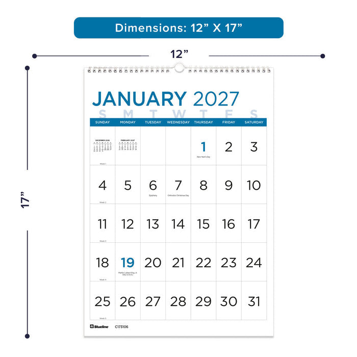Monthly Wall Calendar, Large Print, 2027 C173106-27 Blueline