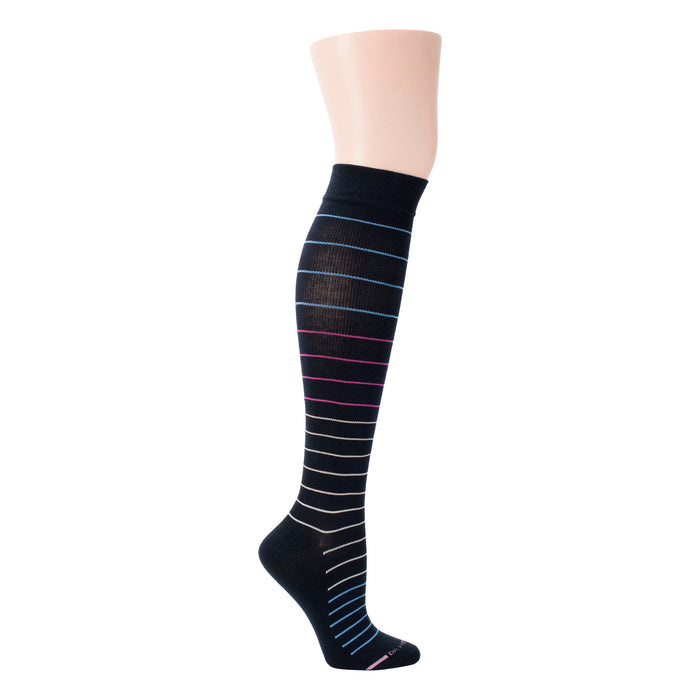 Knee-high compression sock featuring a black base with multi-color pinstripes in blue, pink, and white.